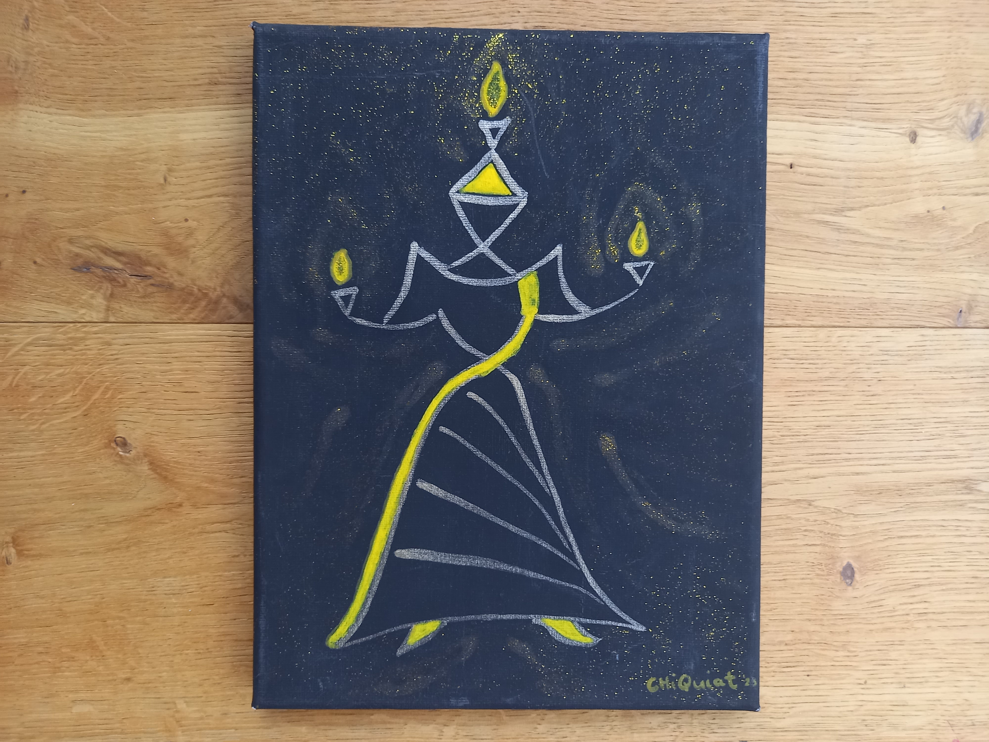 A painting of a lady dancing while holding candles