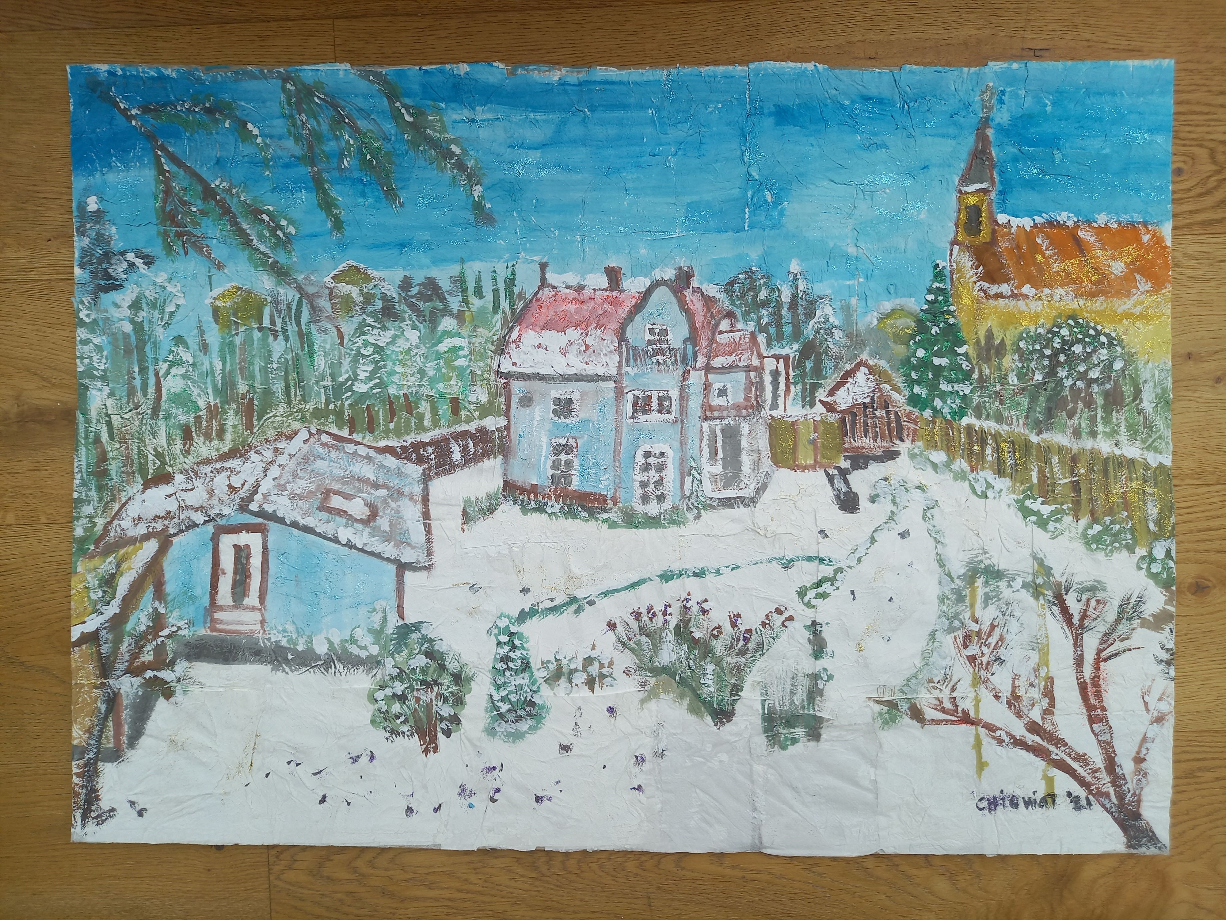 A painting of a blue villa in Winter